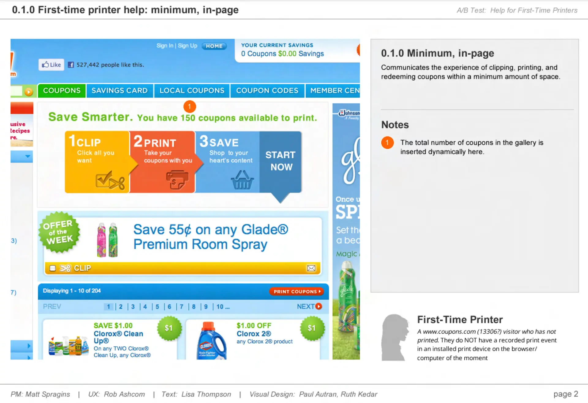 Coupons A/B testing - sample page from spec doc