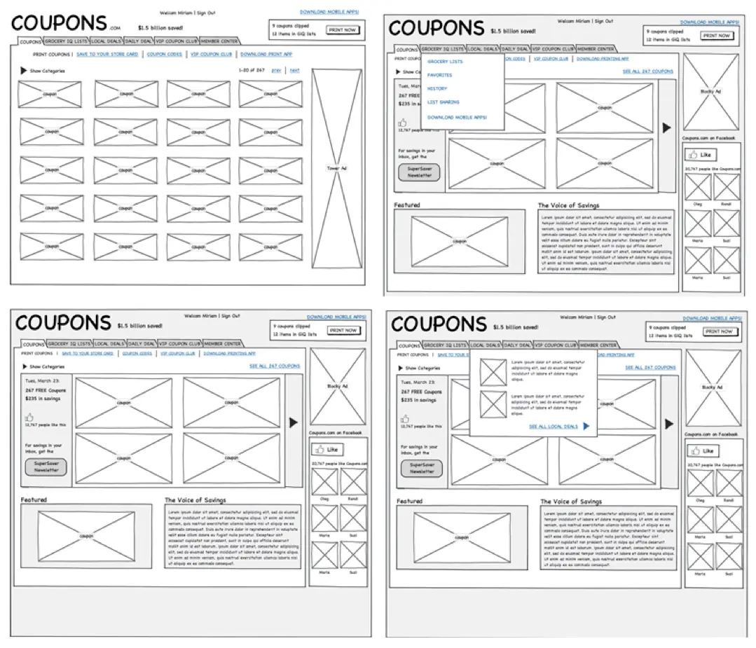 Coupons website wireframe